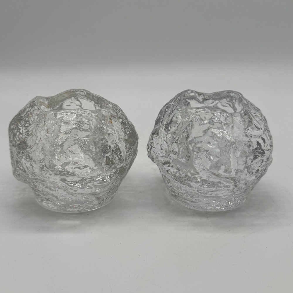 Vintage Kosta Boda Sweden Crystal Snowball Votive Candle Holder Pair Ann Warff